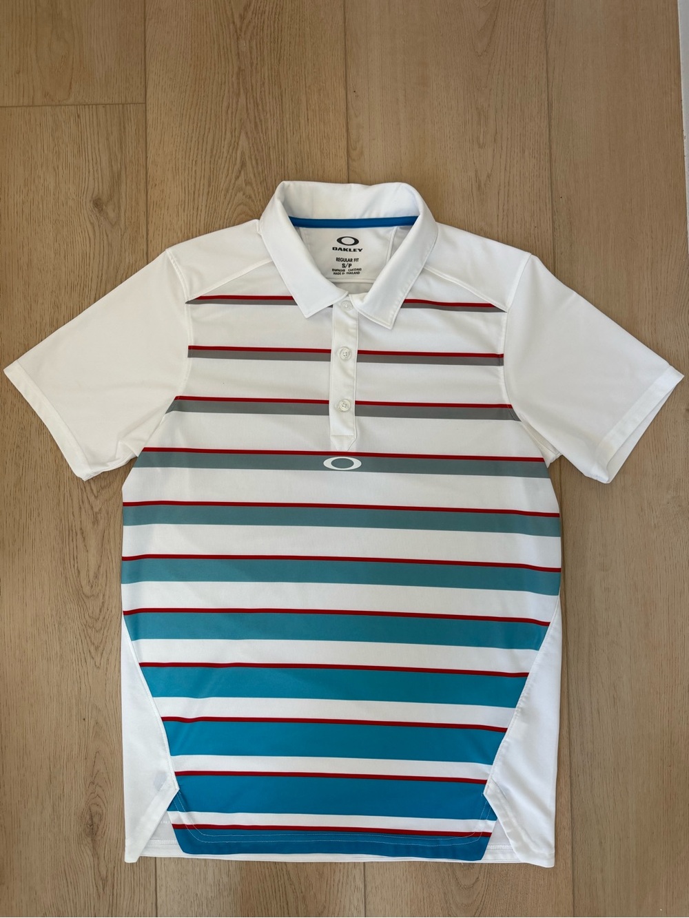 Oakley Striped Golf Performance Polo Center O Logo Red Teal White Mens S
